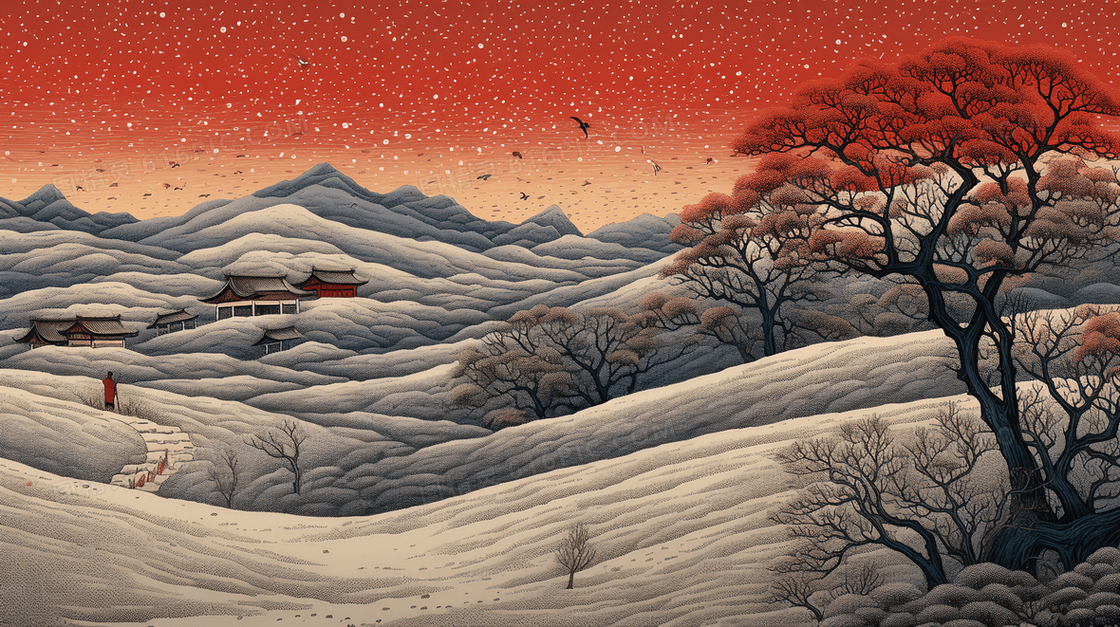 冬季山林唯美雪景插画