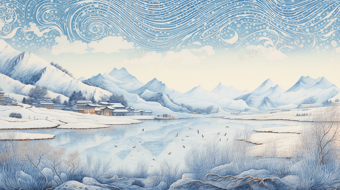冬季湖边乡村雪景插画