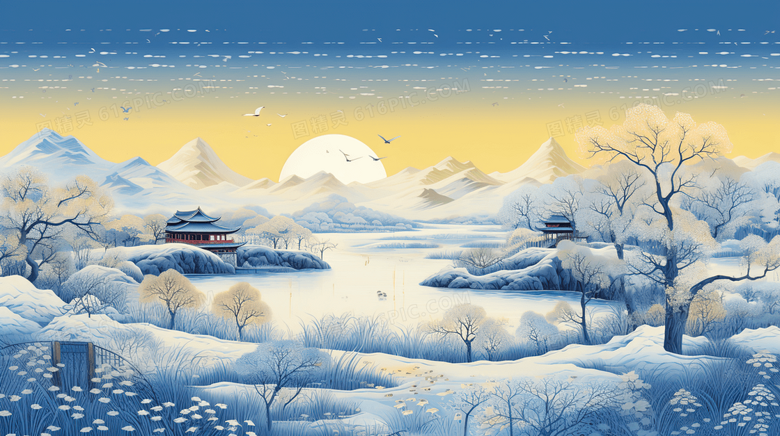 冬季湖边乡村雪景插画