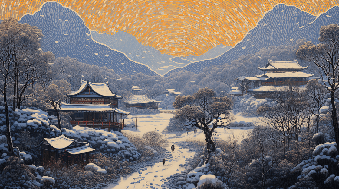 冬季雪地山林小村庄插画