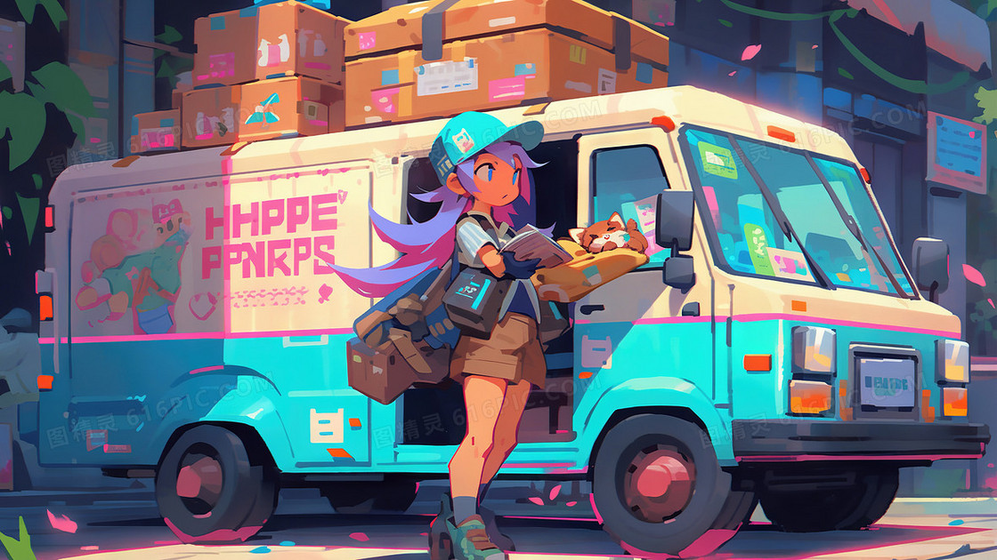 卡通美少女快递员插画