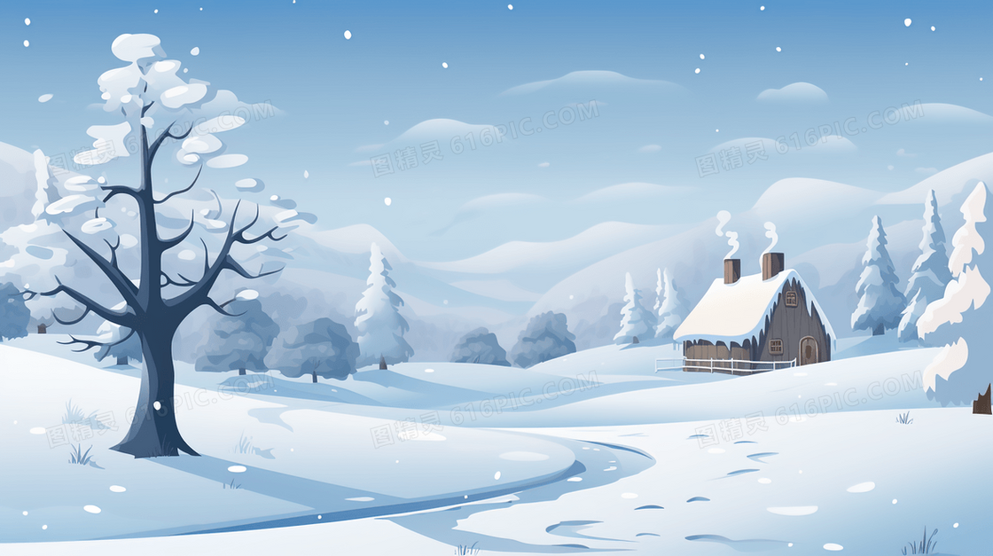 冬天山林雪地里的小木屋插画