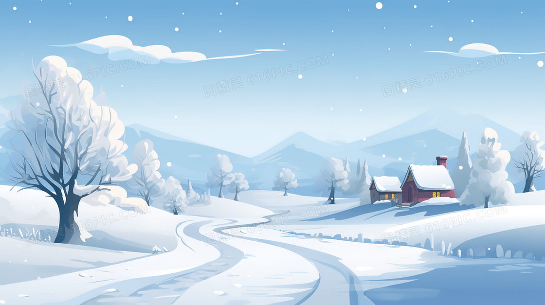 冬天山林雪地里的小木屋插画