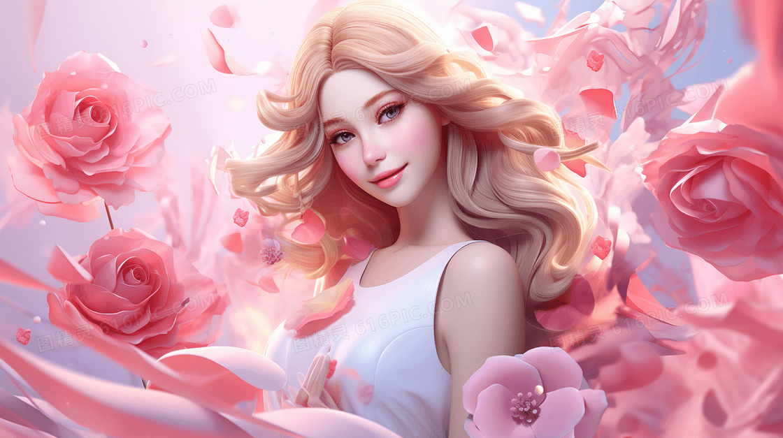 粉色玫瑰中的金发女神插画