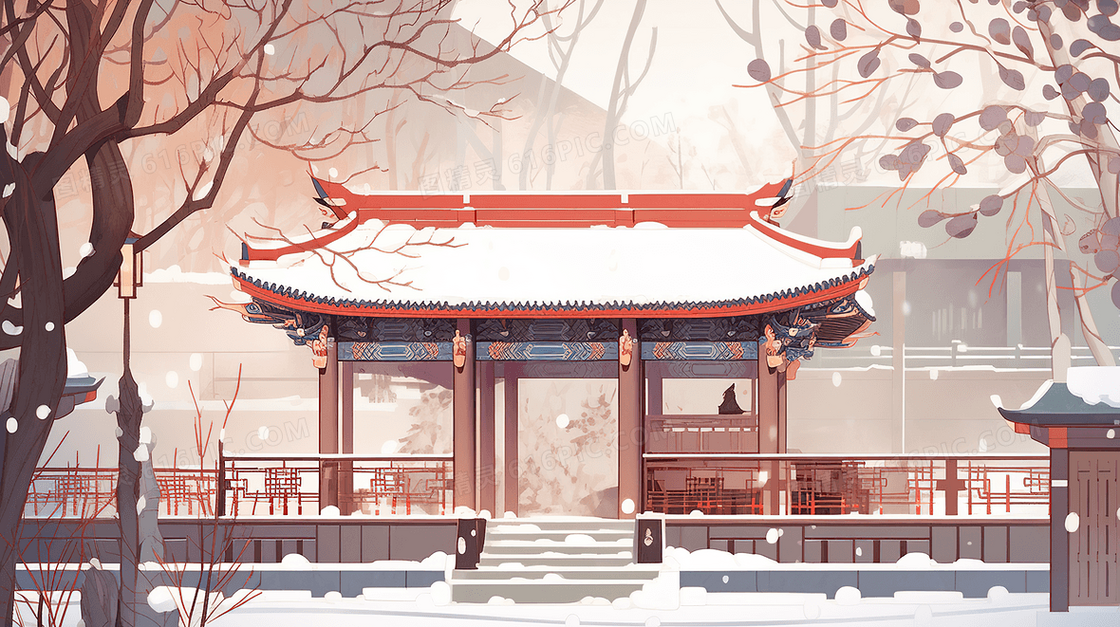 冬季积雪古建廊亭插画