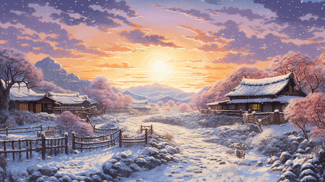 冬季雪地山林小村庄插画