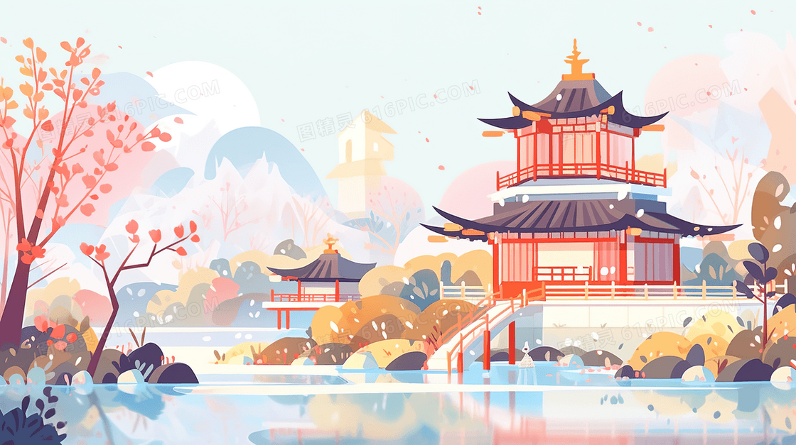 湖中亭台楼阁插画