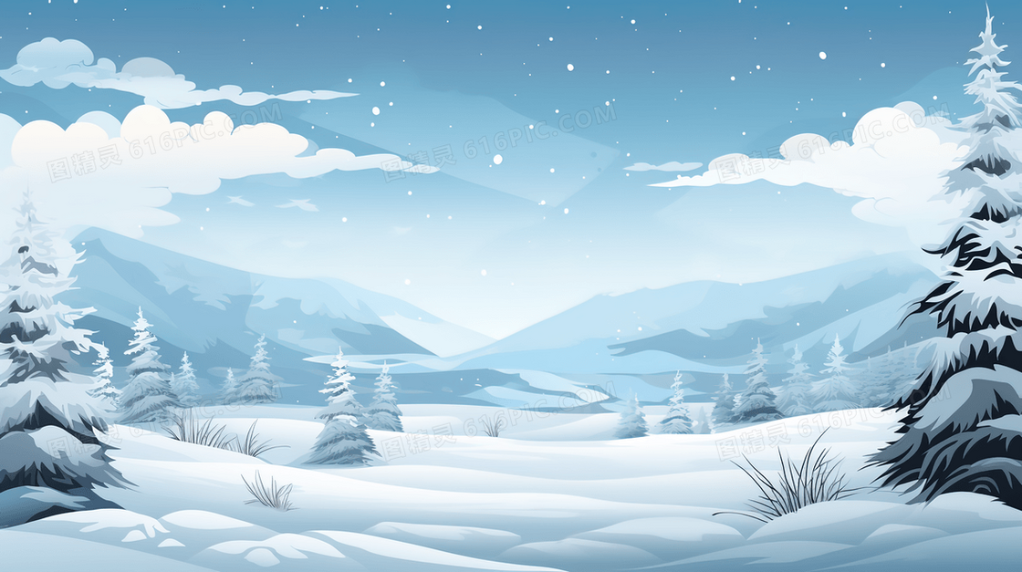 冬季下雪山林雪景插画