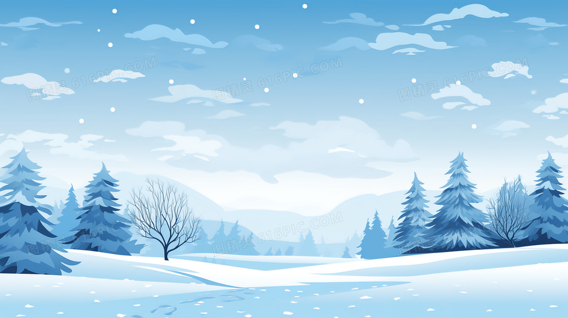 冬季下雪山林雪景插画