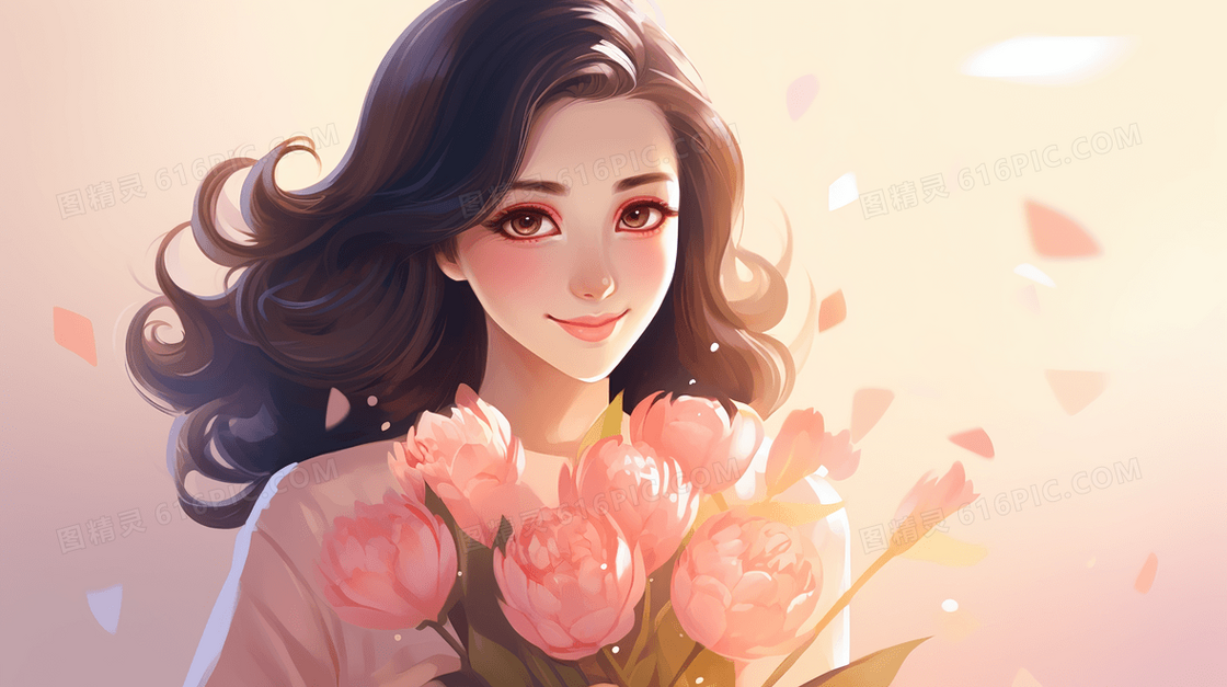 手捧鲜花的温婉女神唯美人物插画