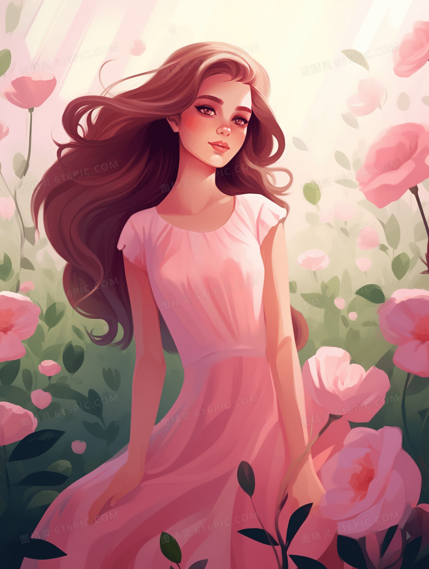 粉色花海中的长发美丽女子插画