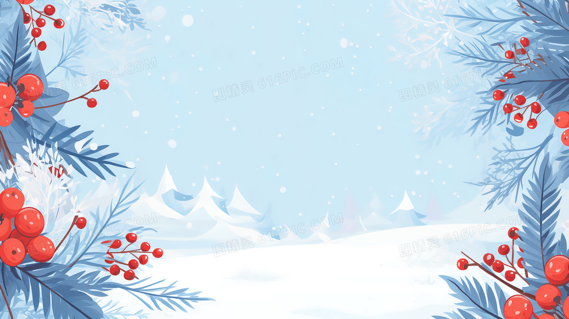 圣诞果子装饰大雪纷飞的冬日山景插画