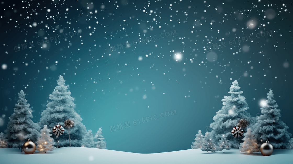 白雪纷飞的雪地圣诞树林夜景概念图片