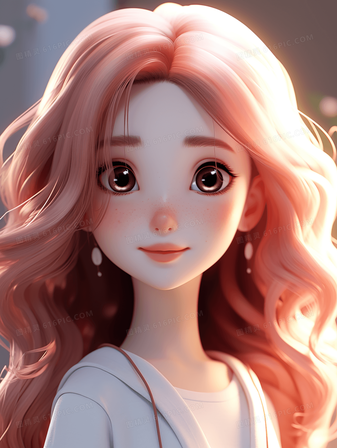 粉色长发的可爱女孩人像插画