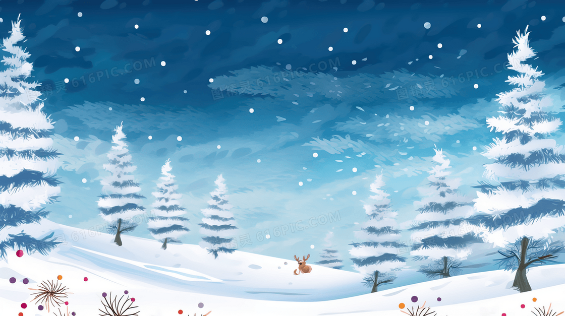 冬季积雪山林唯美夜景插画