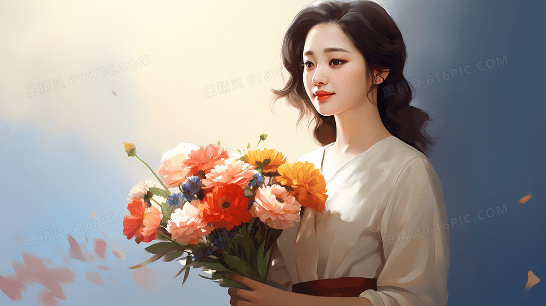 手捧鲜花花束的美丽女孩人物插画