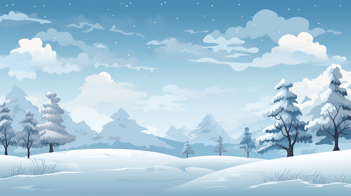 冬季下雪山林雪景插画