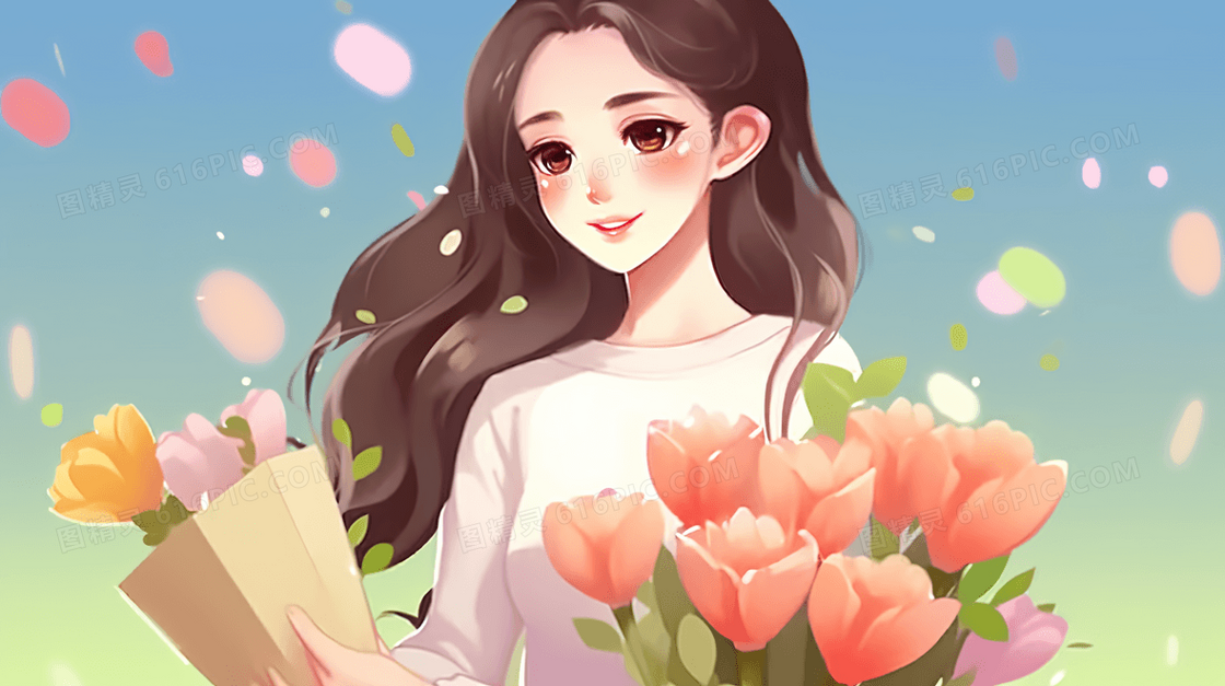 手捧鲜花的温婉女神唯美人物插画