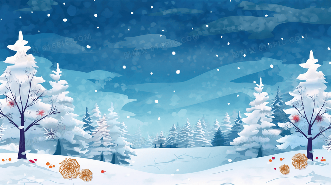 冬季积雪山林唯美夜景插画