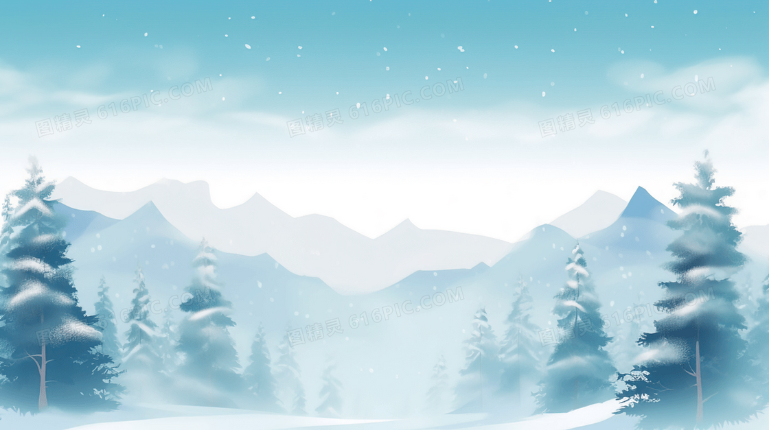 冬季雪雾山林插画
