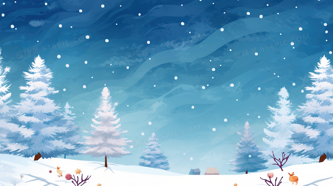冬季积雪山林唯美夜景插画