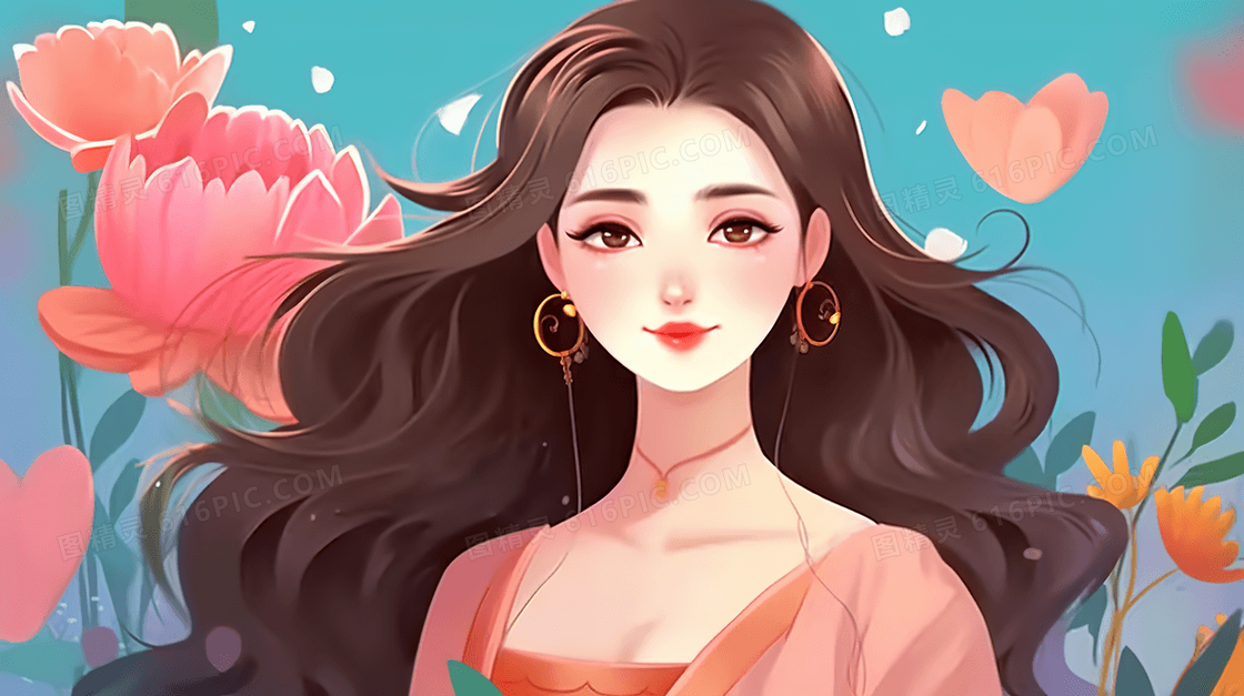 花丛中的美丽女子唯美插画