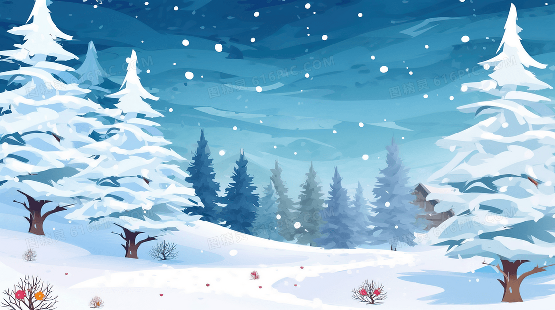 冬季积雪山林唯美夜景插画