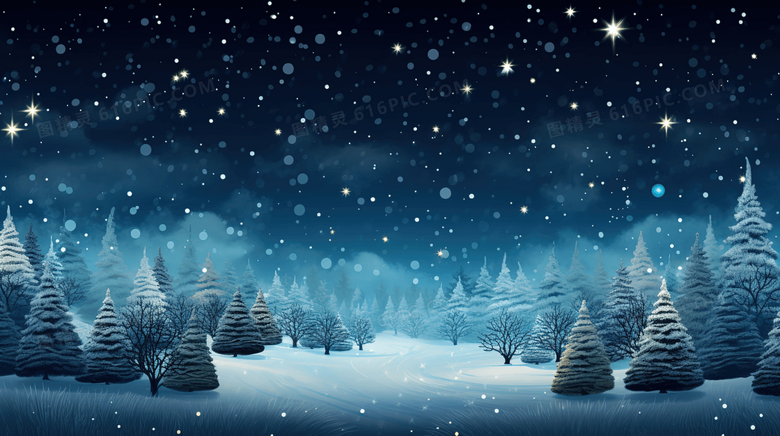 白雪纷飞的雪地圣诞树林夜景插画