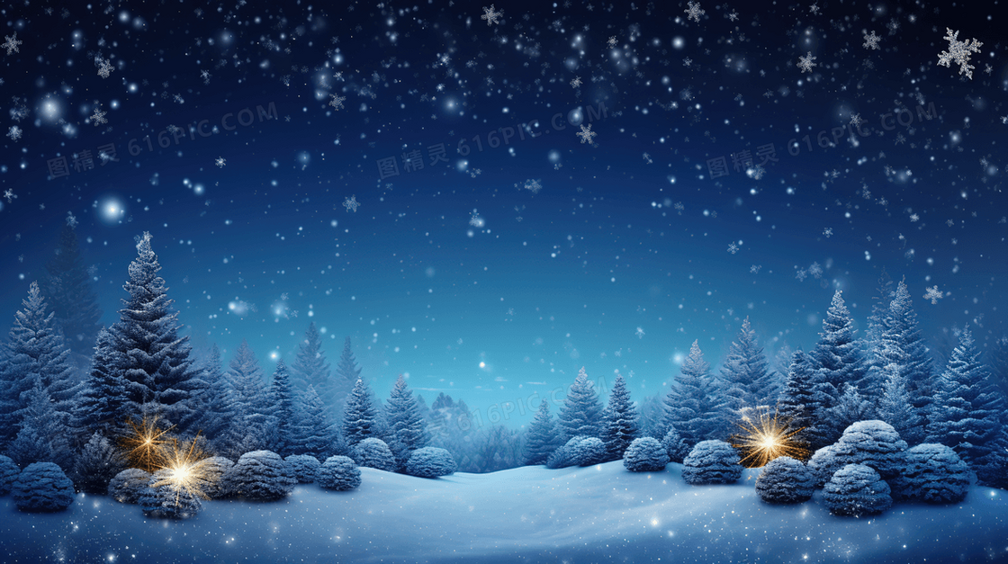 白雪纷飞的雪地圣诞树林夜景插画