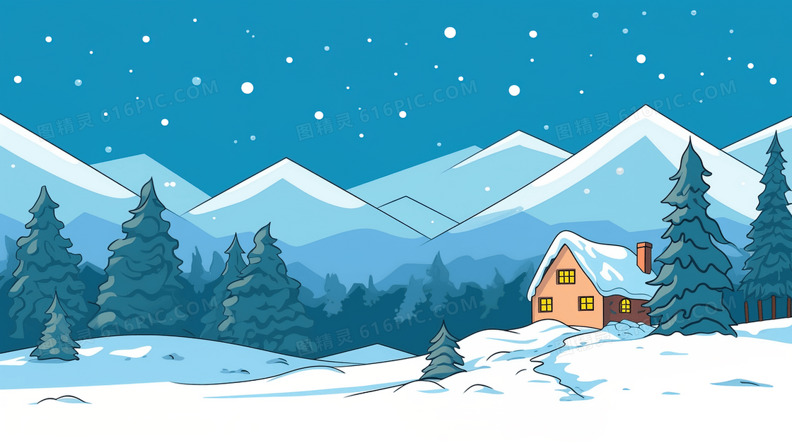 冬天雪中山林里的小木屋插画