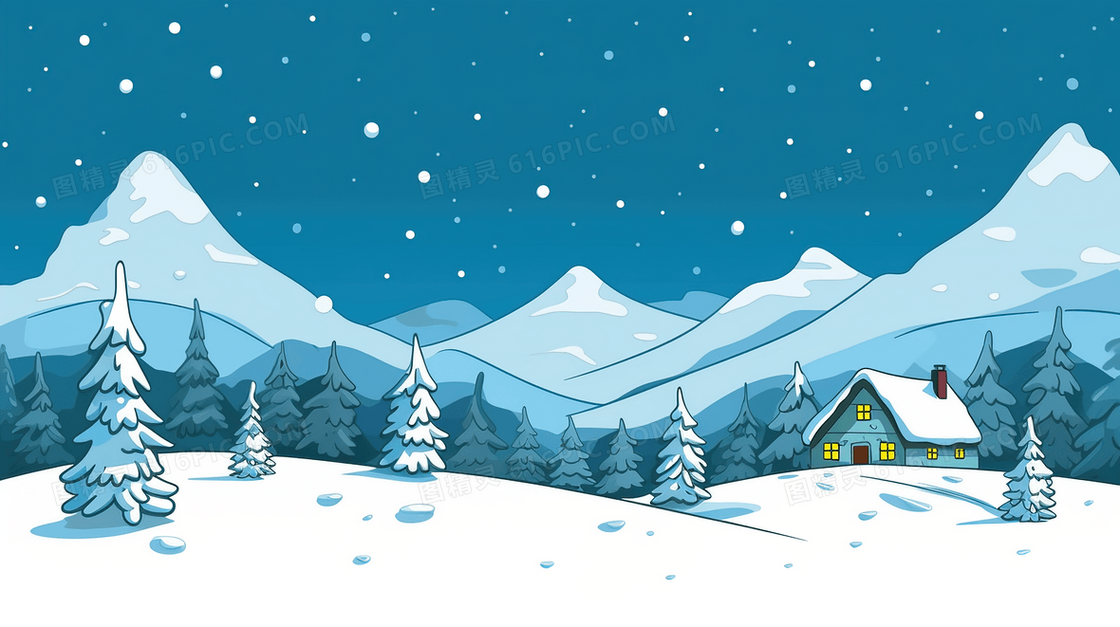 冬天雪中山林里的小木屋插画