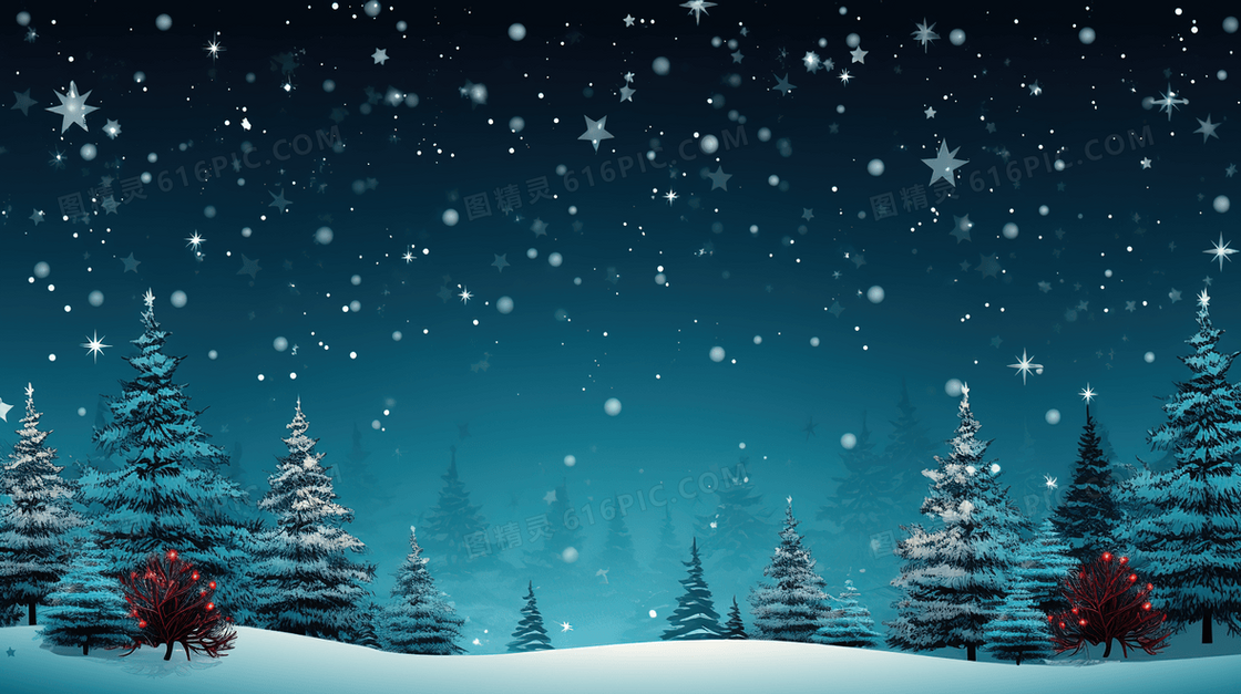 白雪纷飞的雪地圣诞树林夜景插画