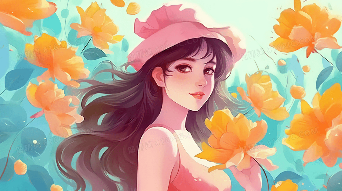 花丛中的美丽女子唯美插画