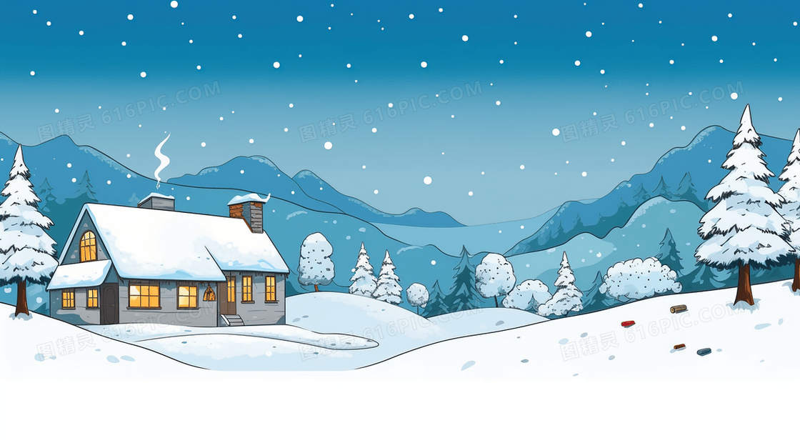 冬天雪中山林里的小木屋插画