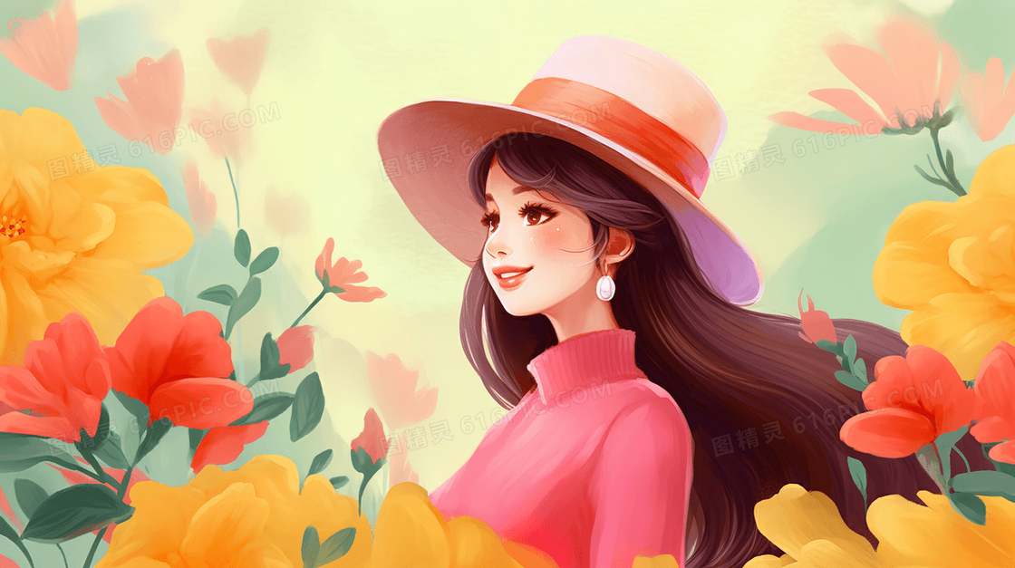 花丛中的美丽女子唯美插画
