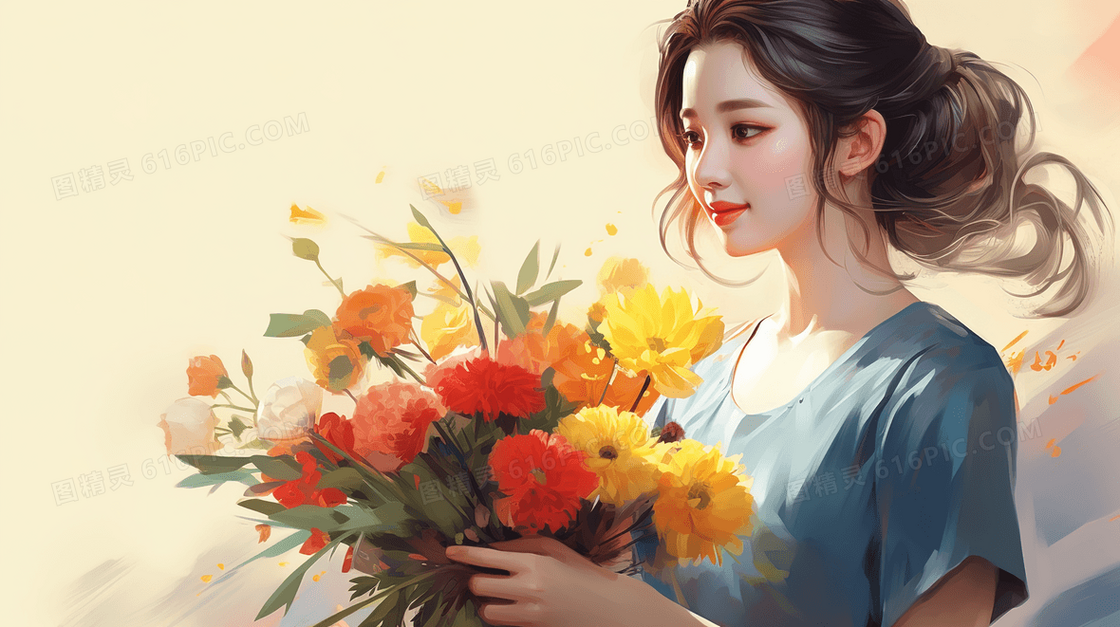 手捧鲜花花束的美丽女孩人物插画