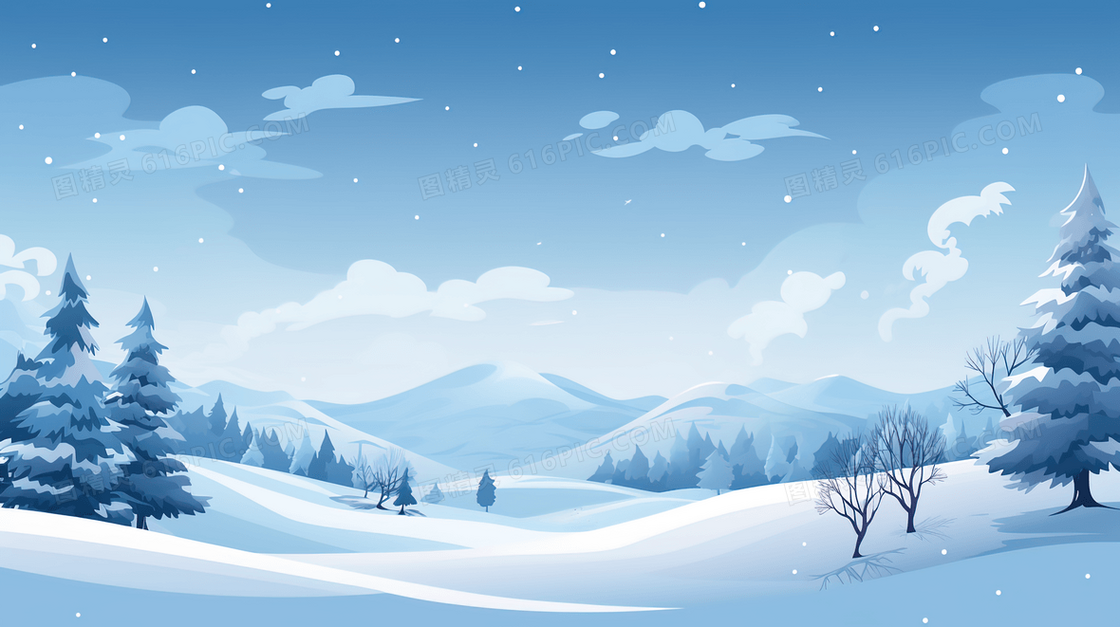 冬季下雪山林雪景插画
