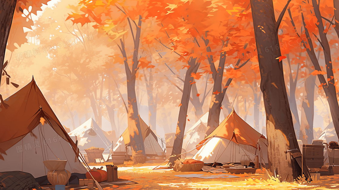 秋季森林里的露营帐篷插画