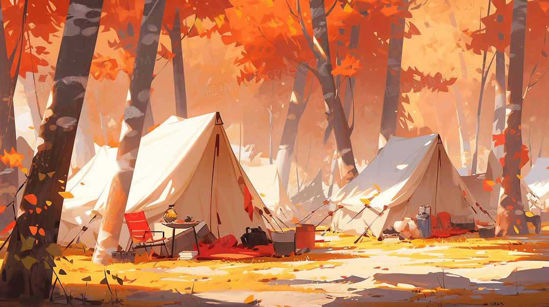 秋季森林里的露营帐篷插画