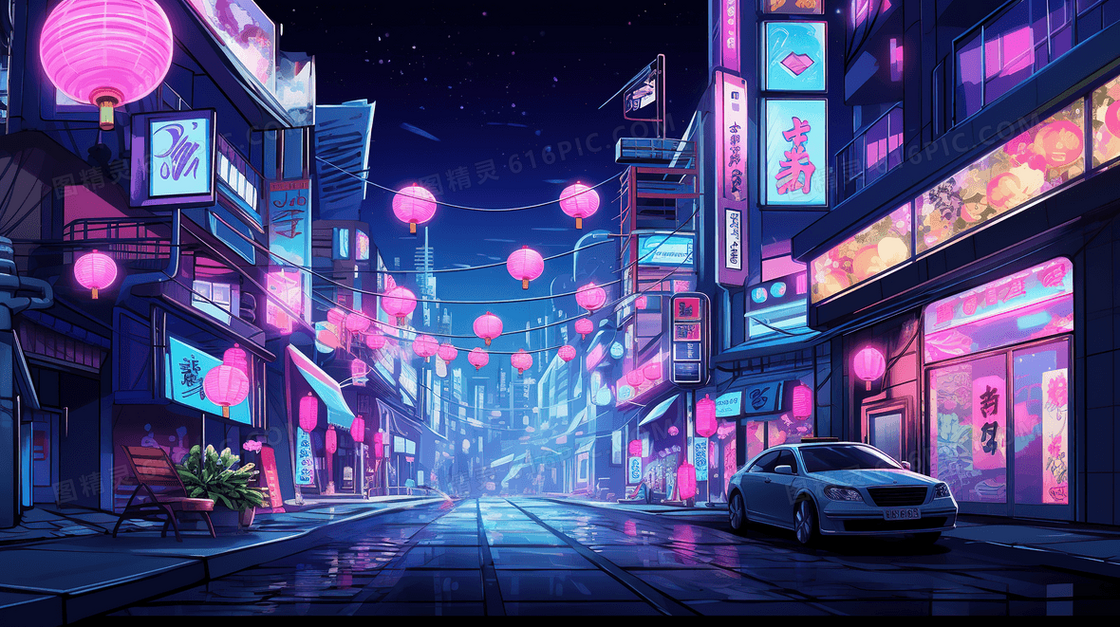 夜晚城市霓虹灯夜景插画