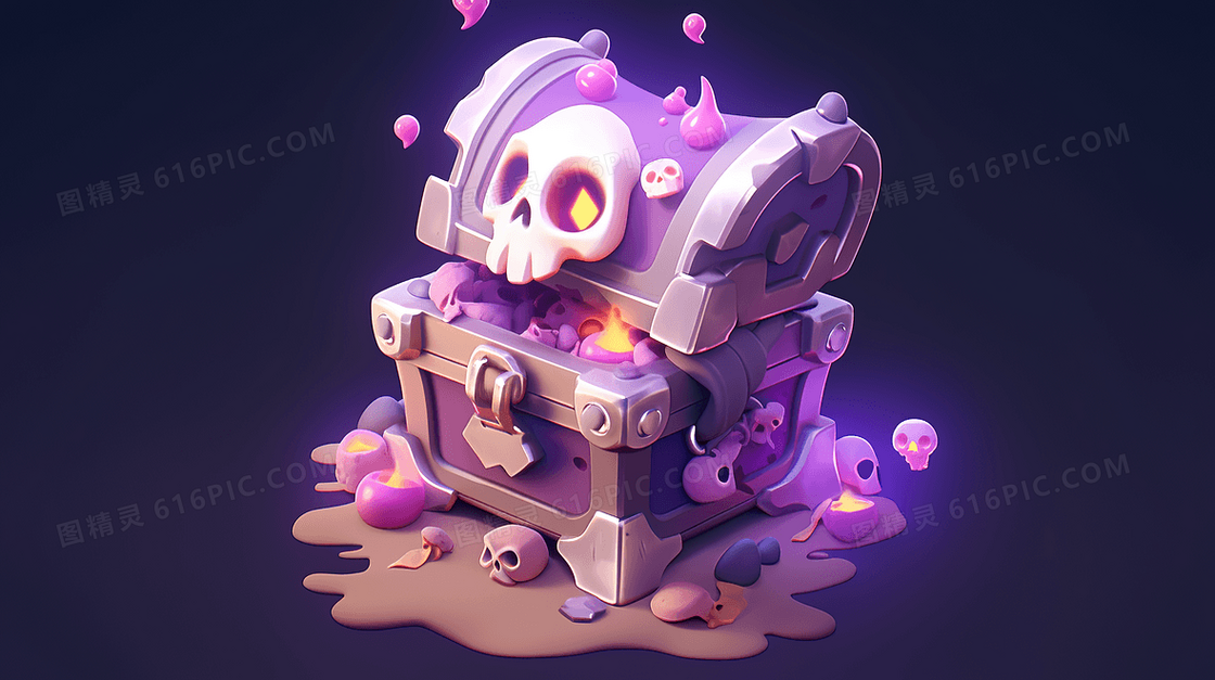 可爱逼真的紫色3D骷髅宝箱插画