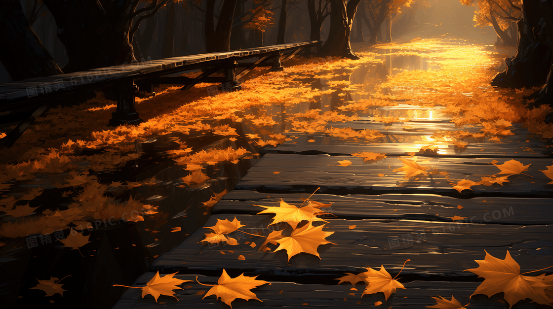 秋天落叶飘落在桥上场景插画