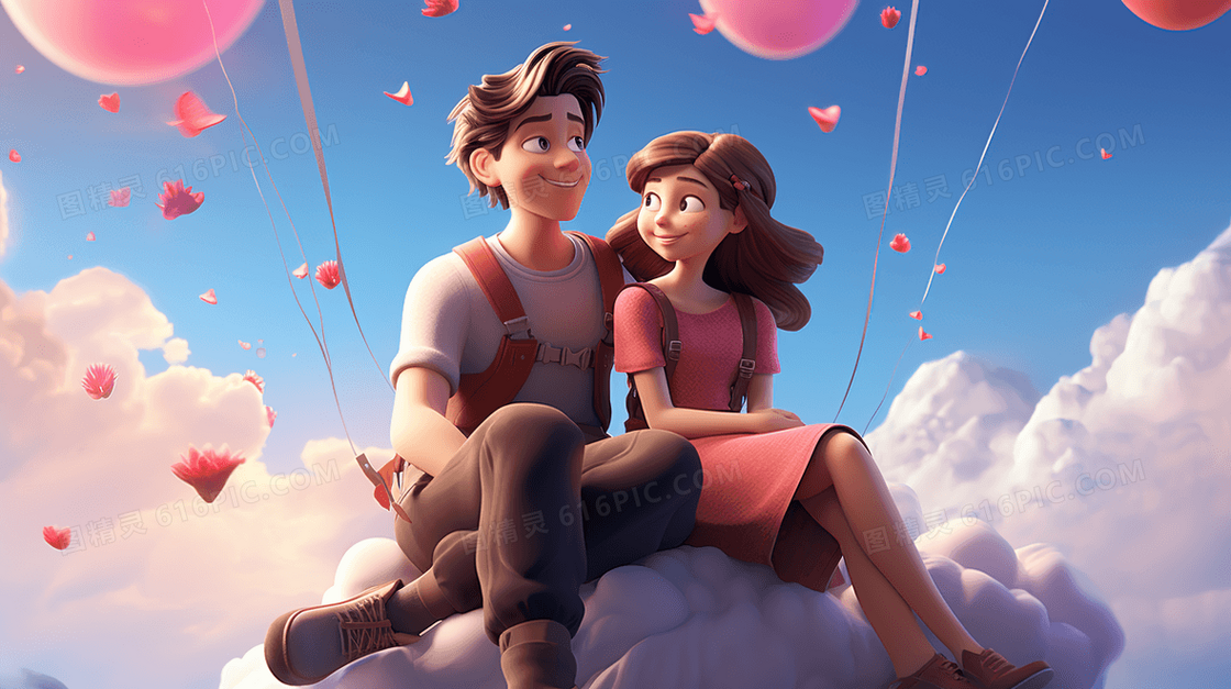 云层上的度过情人节的3D情侣插画