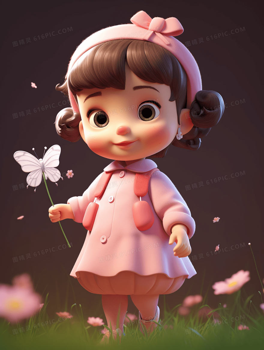 穿着粉红色衣服的3D小女孩插画