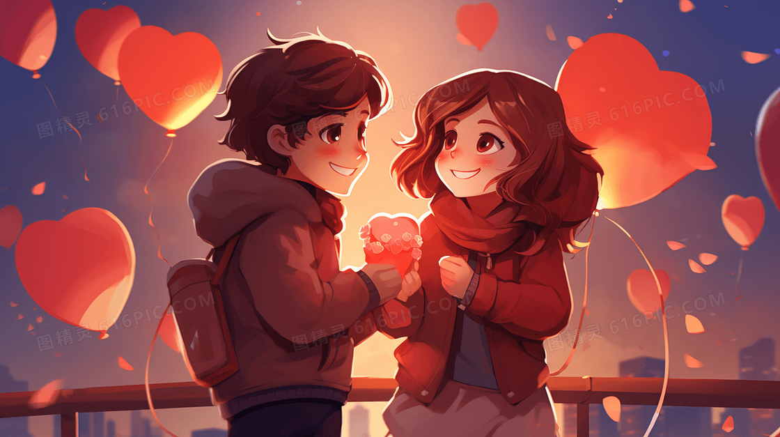 一个男孩和一个女孩相爱的情人节插画
