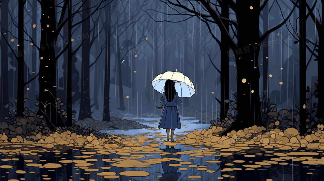 一个女孩站在雨中的树林里插画