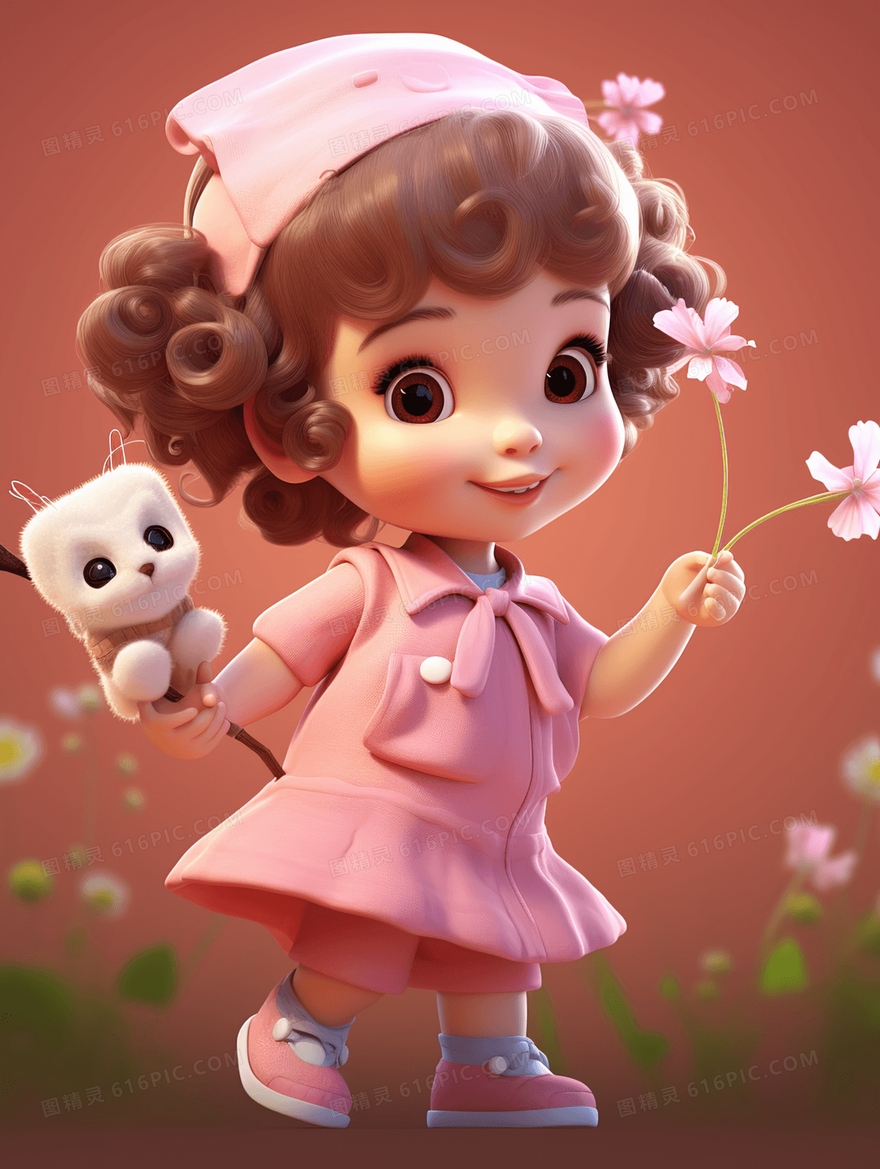 穿着粉红色衣服的3D小女孩插画