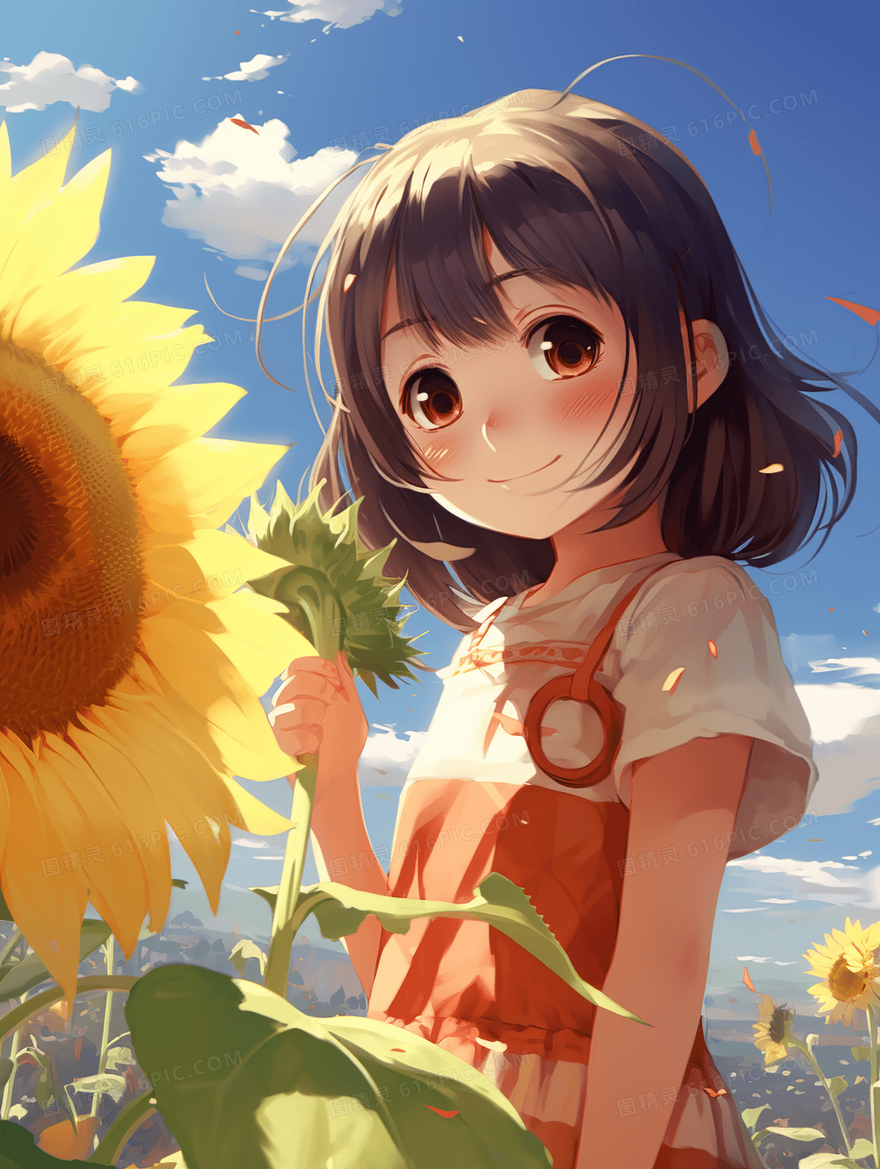 花田里的一个拿着一朵大向日葵女孩插画