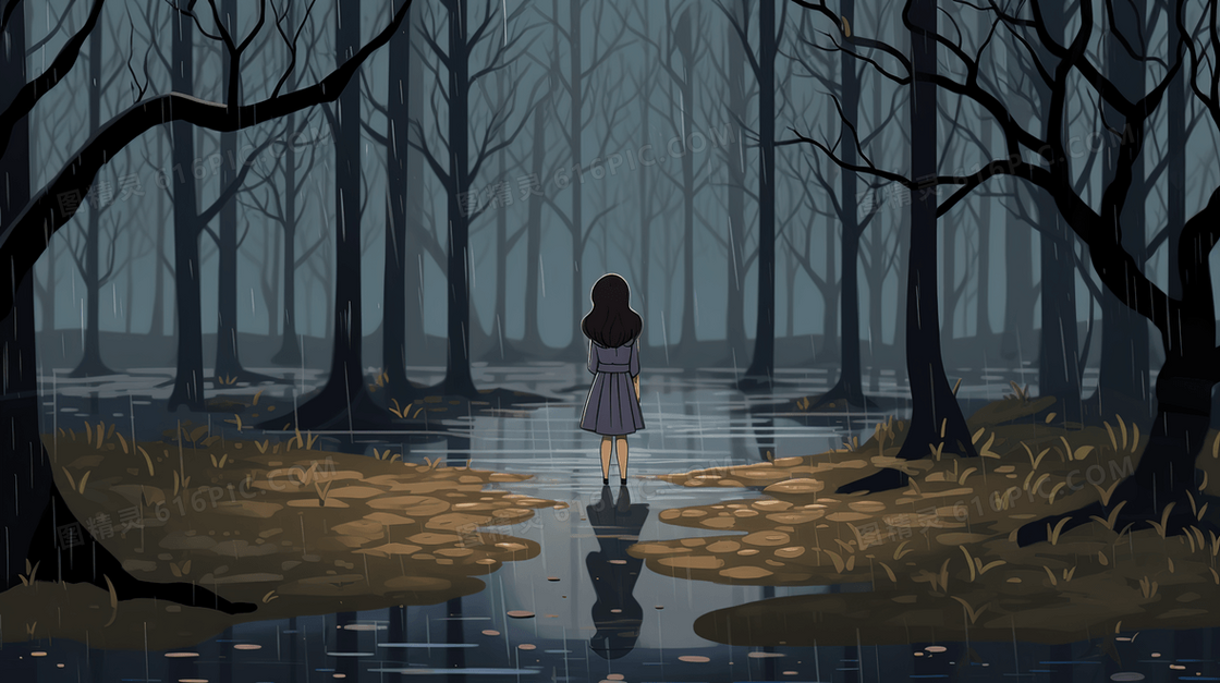 一个女孩站在雨中的树林里插画