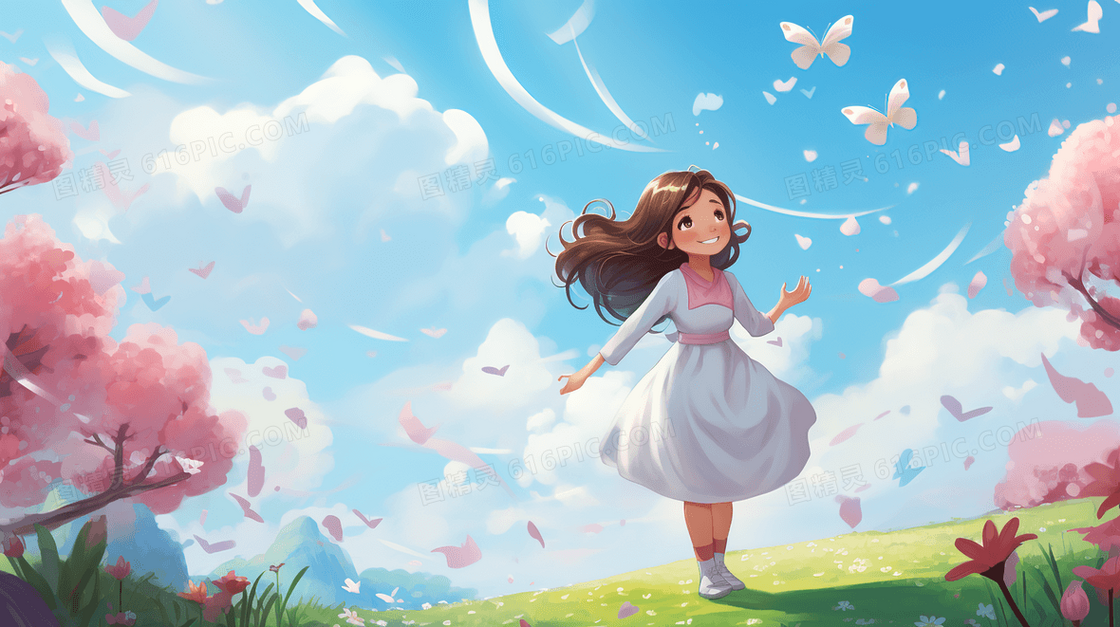 春天站在花朵盛开的草地上的小女孩清新插画